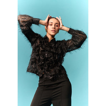 EMBLAZE Black Fur Ruffle Shirt