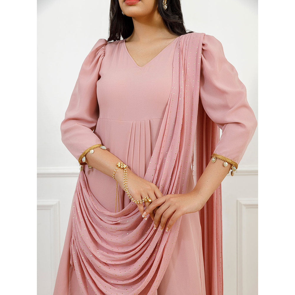 EMPRESS PITARA Diya Blush Pink Drape Dress with Attached Dupatta & Belt (Set of 2)
