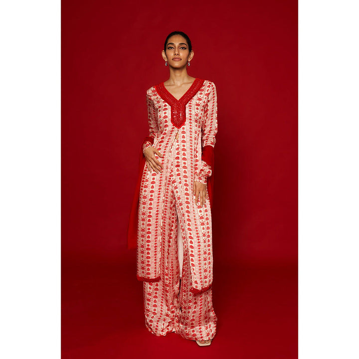 Essay by Sumedha Agrawal White & Red Floral Stripes Kurta with Palazzo and Dupatta (Set of 3)