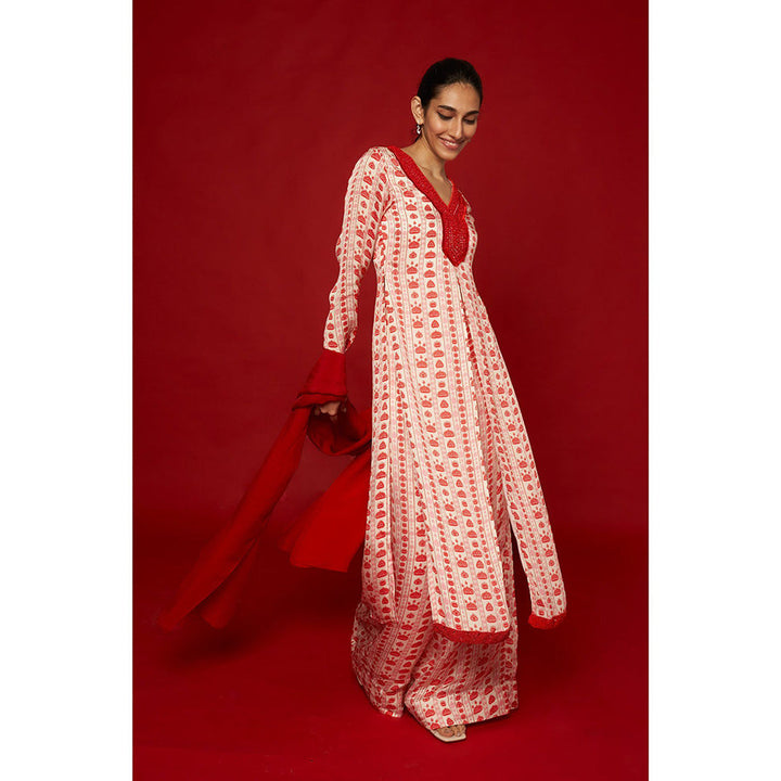 Essay by Sumedha Agrawal White & Red Floral Stripes Kurta with Palazzo and Dupatta (Set of 3)