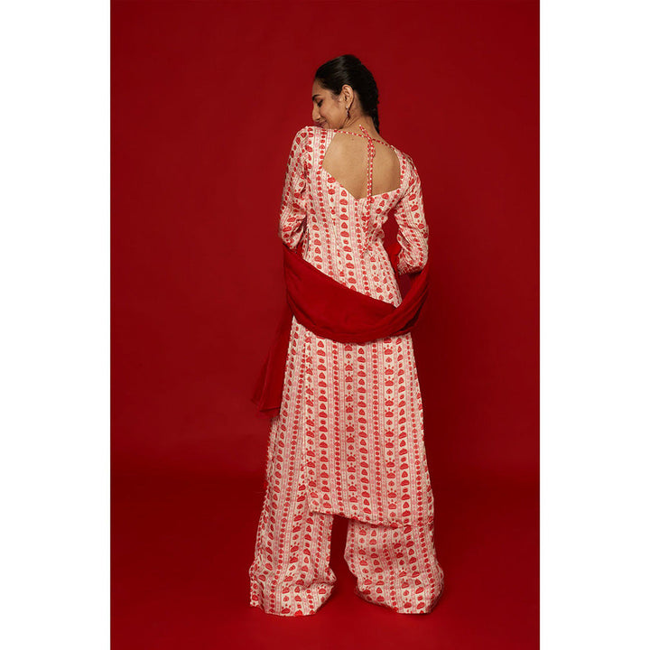 Essay by Sumedha Agrawal White & Red Floral Stripes Kurta with Palazzo and Dupatta (Set of 3)