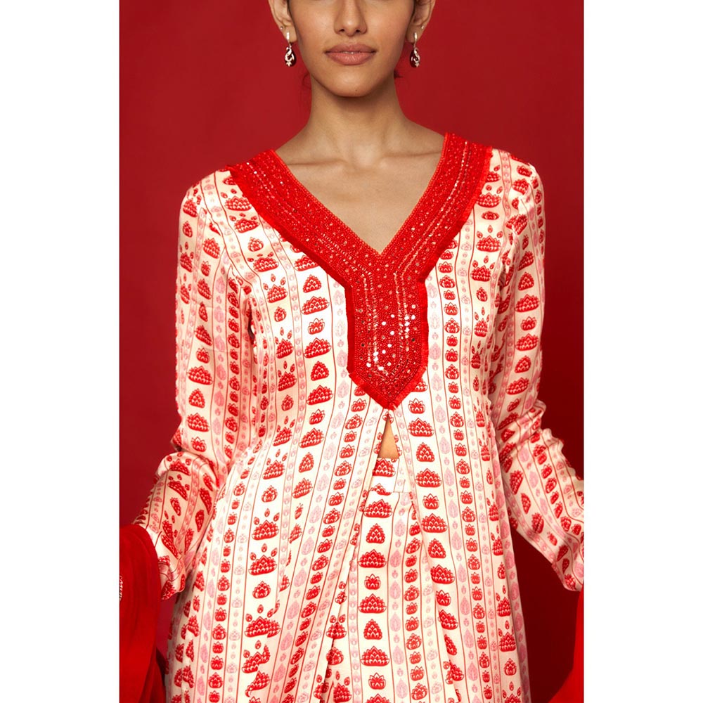 Essay by Sumedha Agrawal White & Red Floral Stripes Kurta with Palazzo and Dupatta (Set of 3)