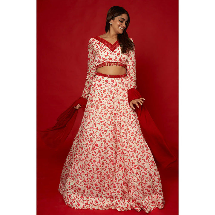 Essay by Sumedha Agrawal White & Red Lehenga with Blouse and Dupatta (Set of 3)