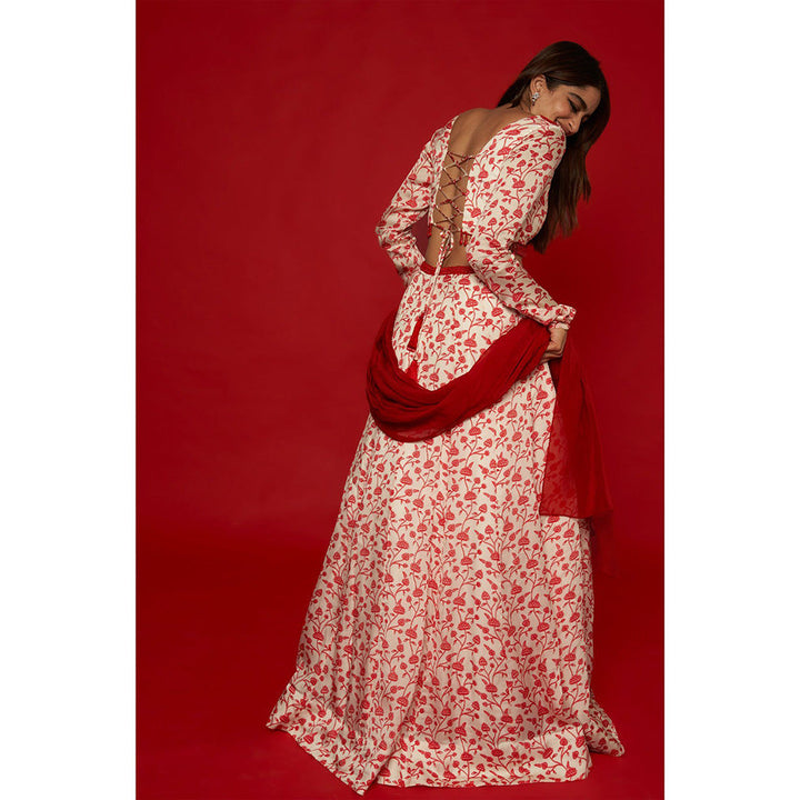 Essay by Sumedha Agrawal White & Red Lehenga with Blouse and Dupatta (Set of 3)