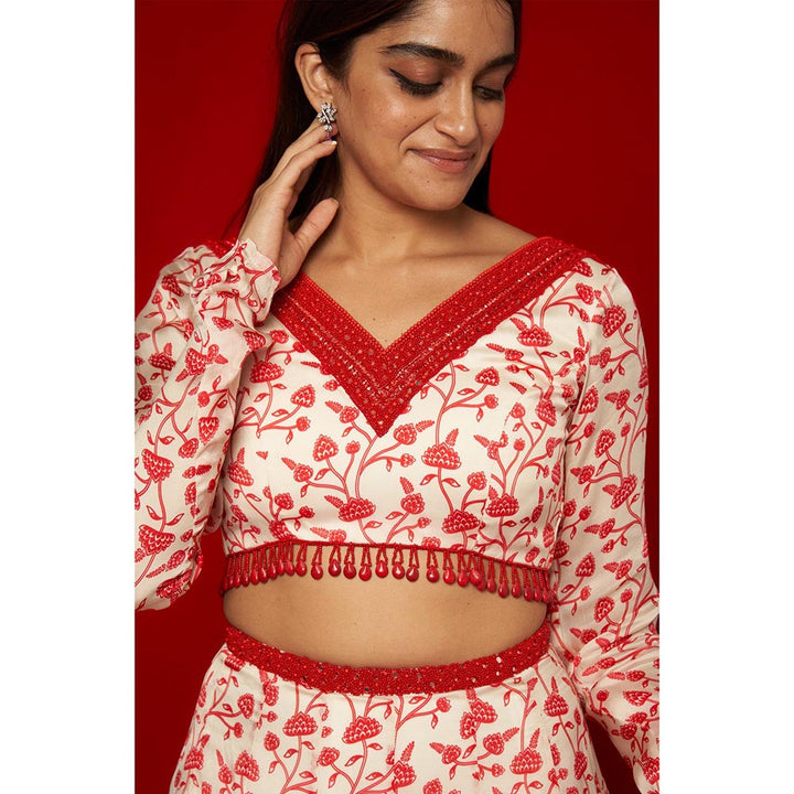 Essay by Sumedha Agrawal White & Red Lehenga with Blouse and Dupatta (Set of 3)