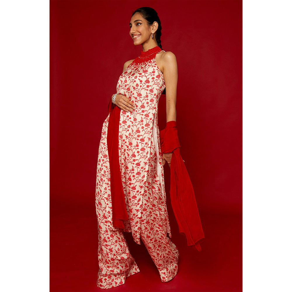 Essay by Sumedha Agrawal White & Red Kurta with Palazzo and Dupatta (Set of 3)