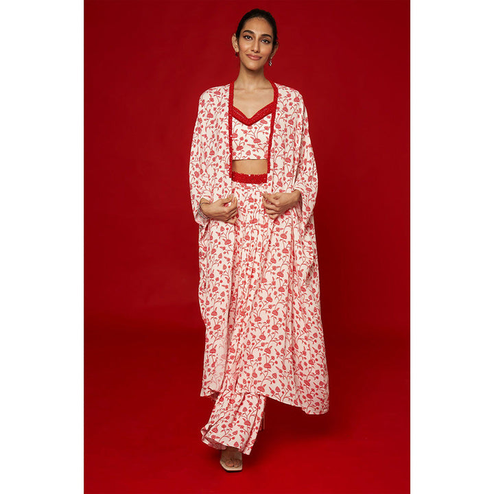 Essay by Sumedha Agrawal White & Red Blouse with Skirt and Cape (Set of 3)