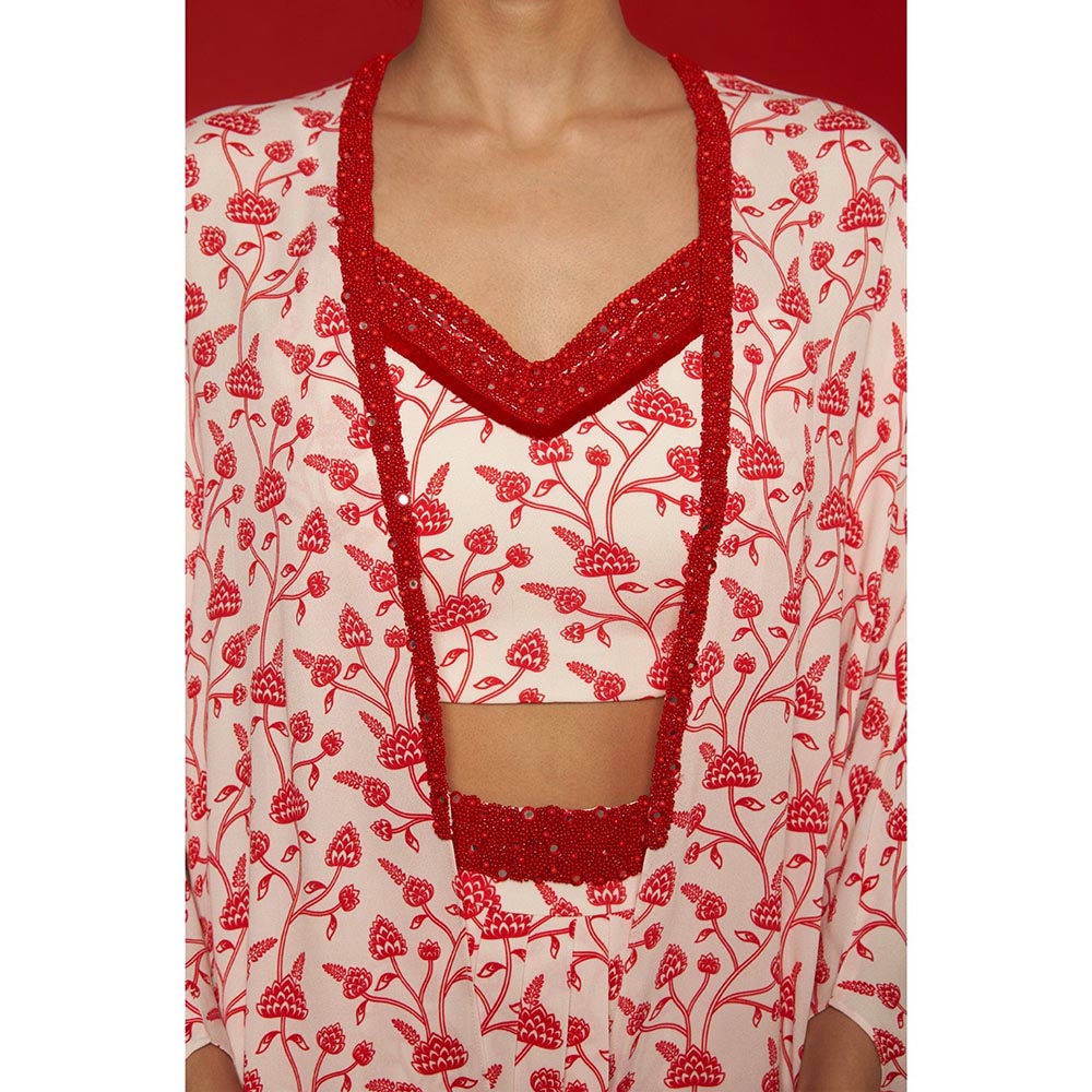 Essay by Sumedha Agrawal White & Red Blouse with Skirt and Cape (Set of 3)