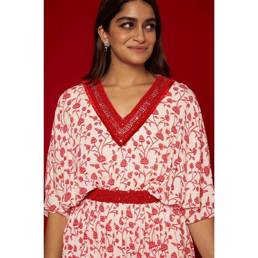 Essay by Sumedha Agrawal White & Red Kaftan with Inner Slip (Set of 3)