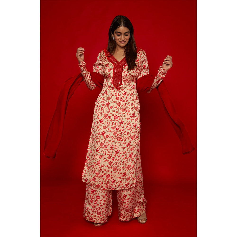 Essay by Sumedha Agrawal Cream & Red Kurta with Palazzo and Dupatta (Set of 3)