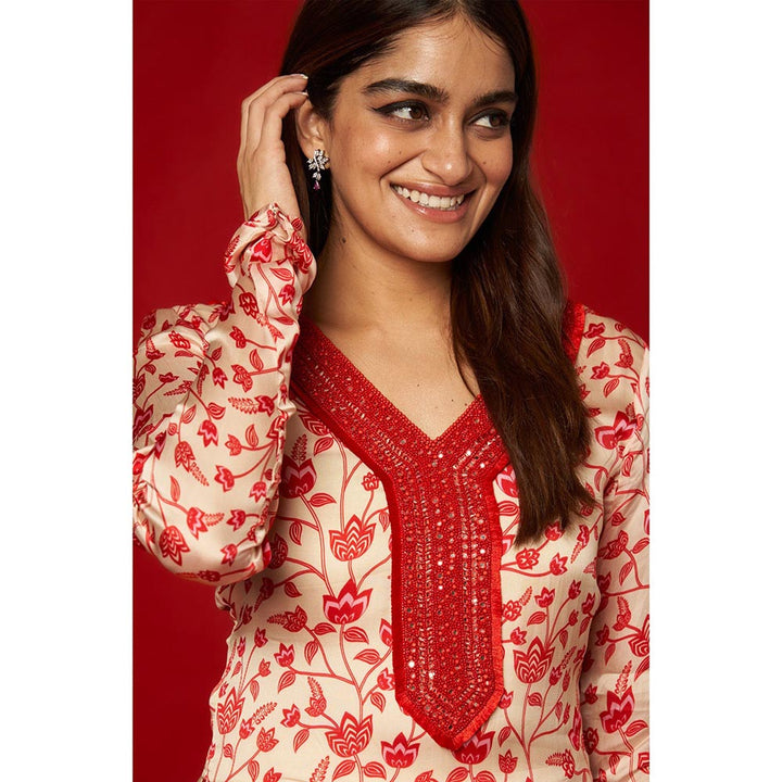 Essay by Sumedha Agrawal Cream & Red Kurta with Palazzo and Dupatta (Set of 3)