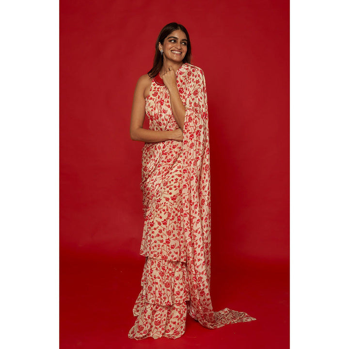 Essay by Sumedha Agrawal Cream & Red Ruffle Saree with Stitched Blouse