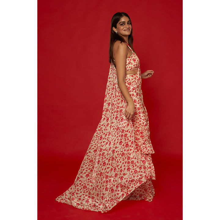 Essay by Sumedha Agrawal Cream & Red Ruffle Saree with Stitched Blouse