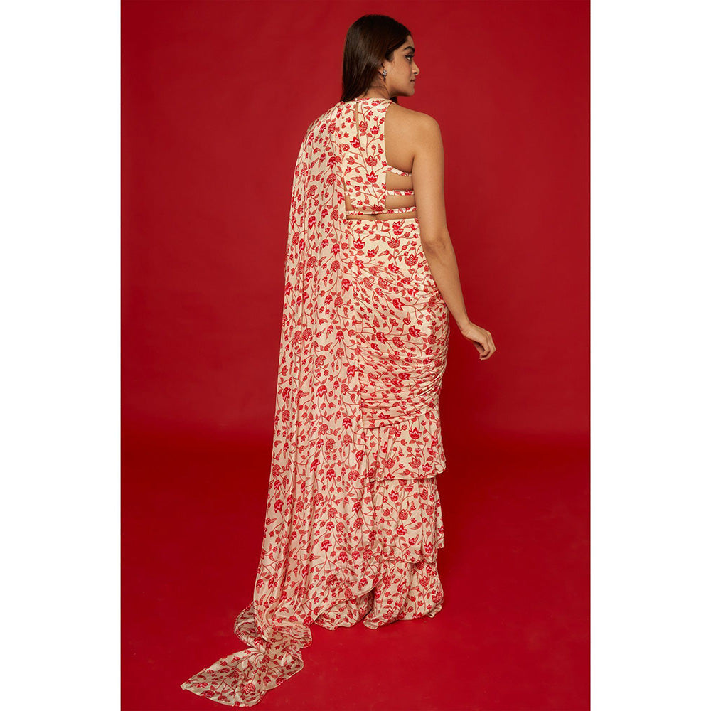 Essay by Sumedha Agrawal Cream & Red Ruffle Saree with Stitched Blouse