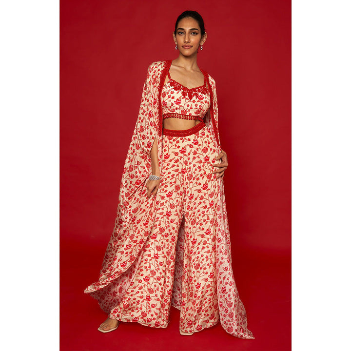 Essay by Sumedha Agrawal Cream & Red Blouse with Palazzo and Cape (Set of 3)