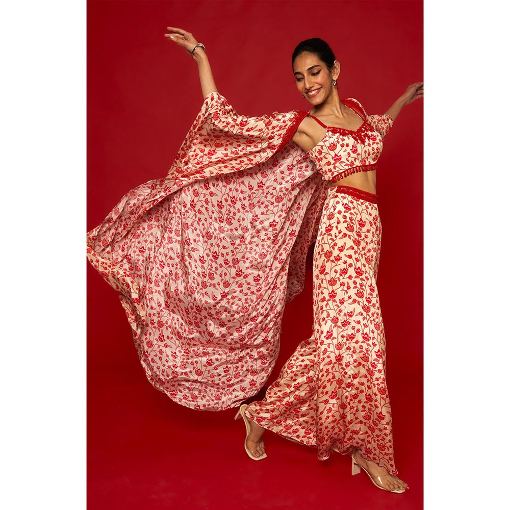 Essay by Sumedha Agrawal Cream & Red Blouse with Palazzo and Cape (Set of 3)