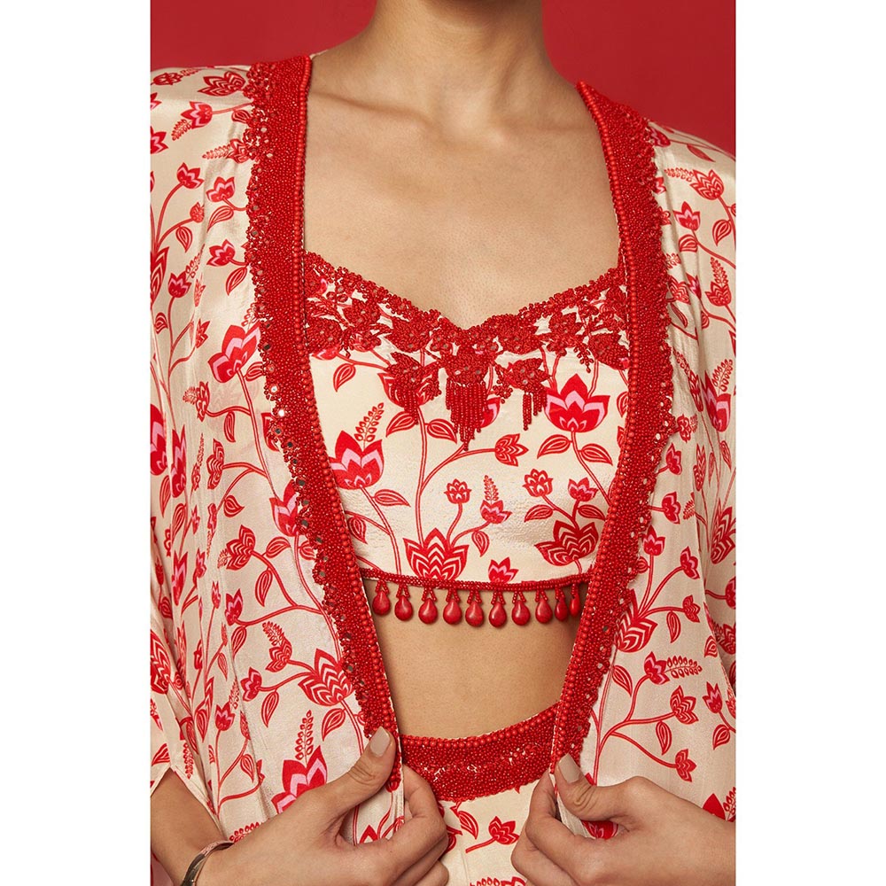 Essay by Sumedha Agrawal Cream & Red Blouse with Palazzo and Cape (Set of 3)