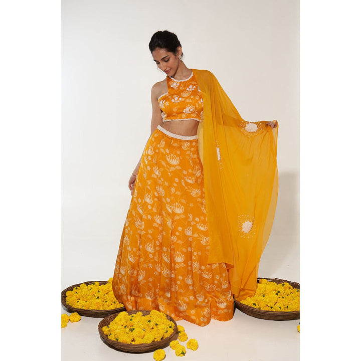 Essay by Sumedha Agrawal Mustard & White Lehenga with Blouse and Dupatta (Set of 3)