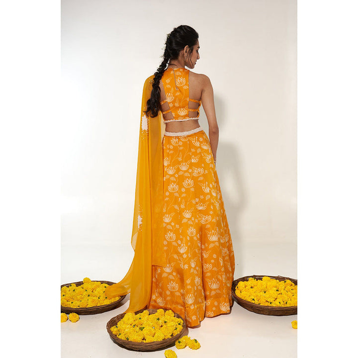 Essay by Sumedha Agrawal Mustard & White Lehenga with Blouse and Dupatta (Set of 3)