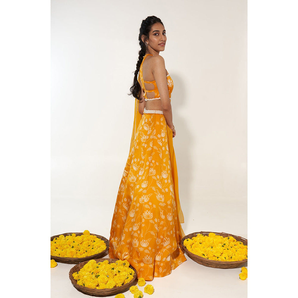 Essay by Sumedha Agrawal Mustard & White Lehenga with Blouse and Dupatta (Set of 3)