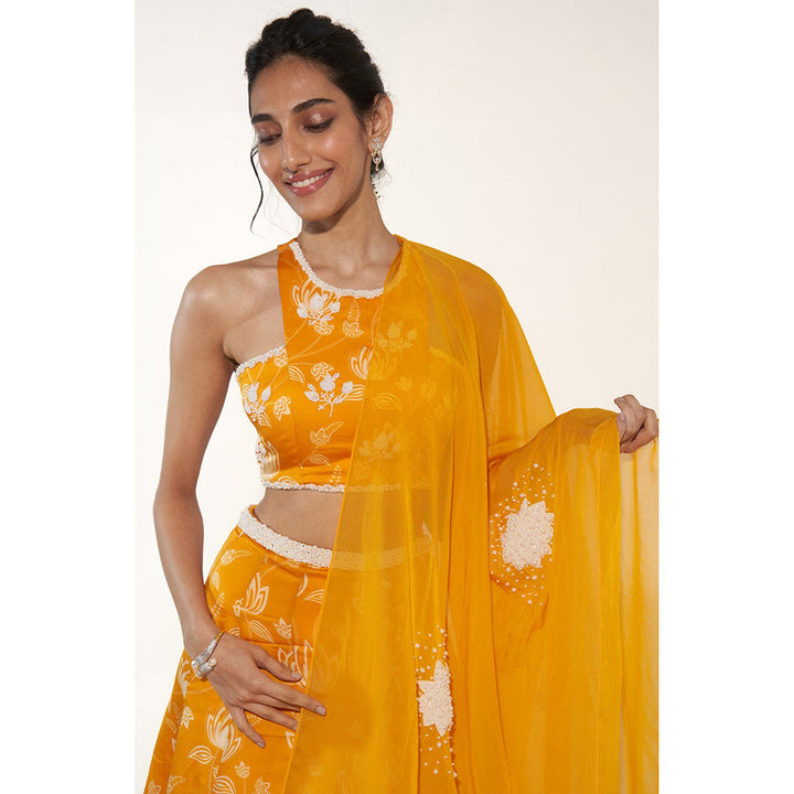 Essay by Sumedha Agrawal Mustard & White Lehenga with Blouse and Dupatta (Set of 3)