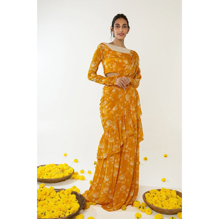 Essay by Sumedha Agrawal Mustard & White Ruffle Saree with Stitched Blouse