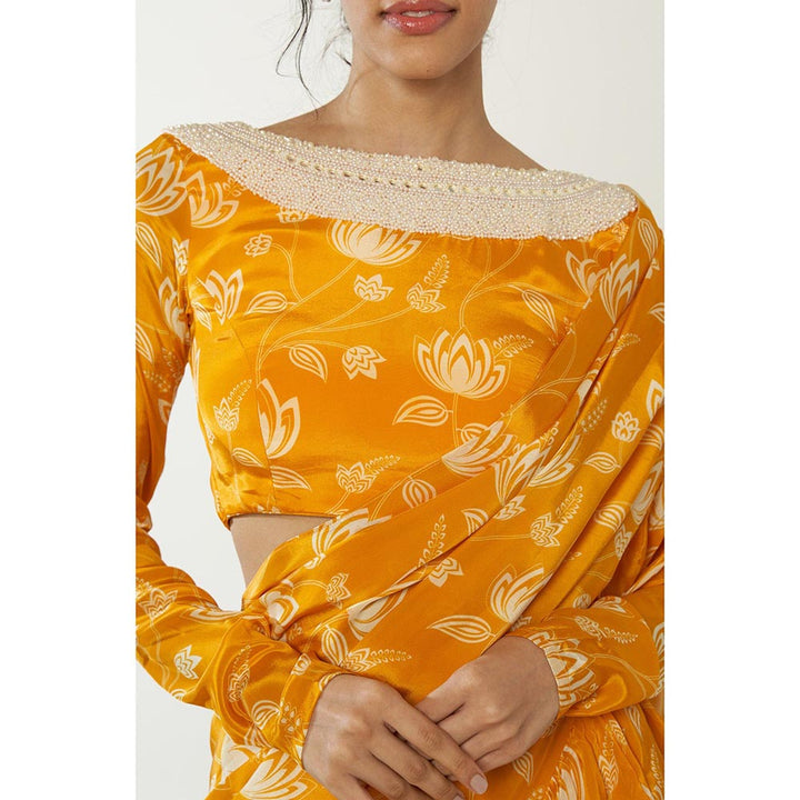 Essay by Sumedha Agrawal Mustard & White Ruffle Saree with Stitched Blouse