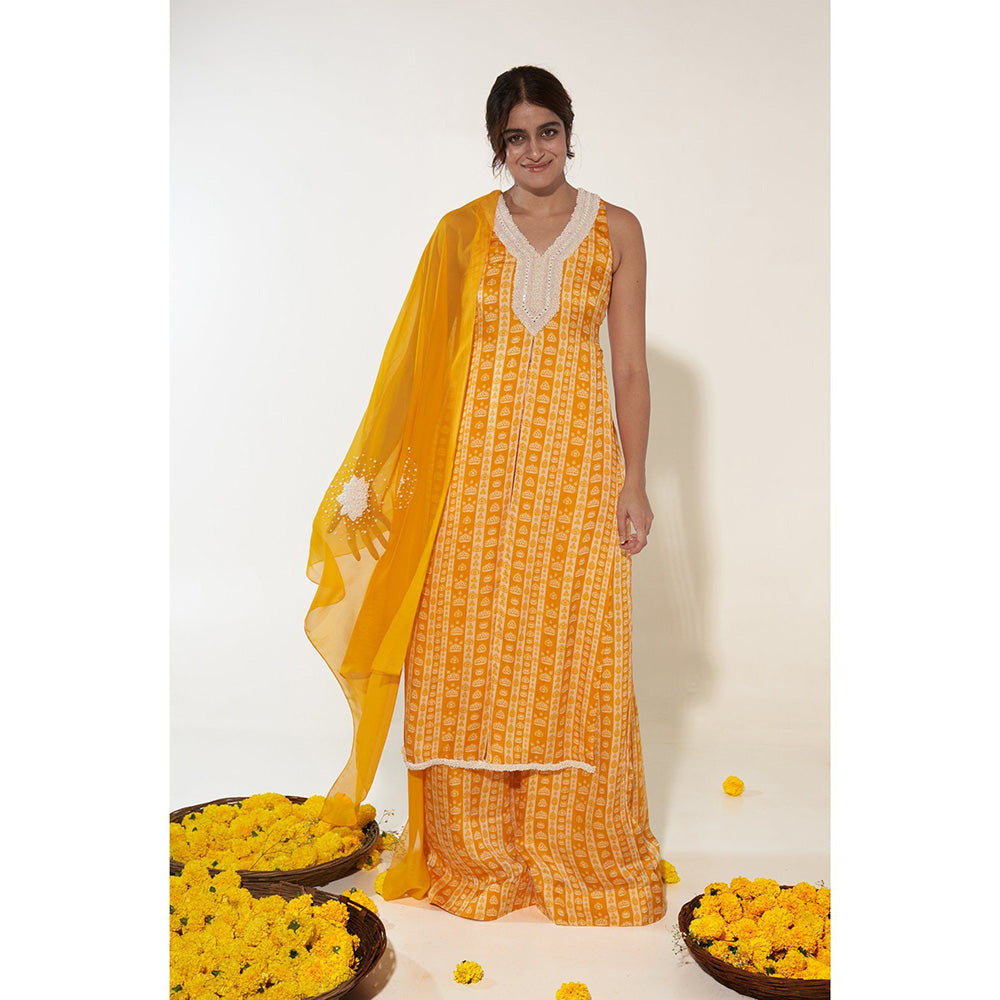 Essay by Sumedha Agrawal Mustard & White Floral Kurta with Palazzo and Dupatta (Set of 3)