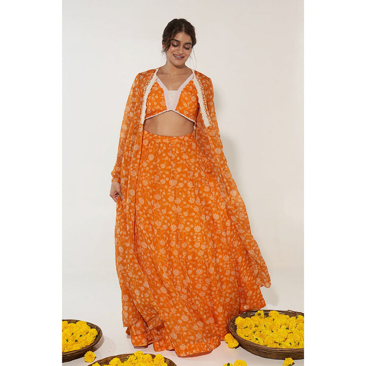 Essay by Sumedha Agrawal Orange & White Lehenga with Blouse and Jacket (Set of 3)