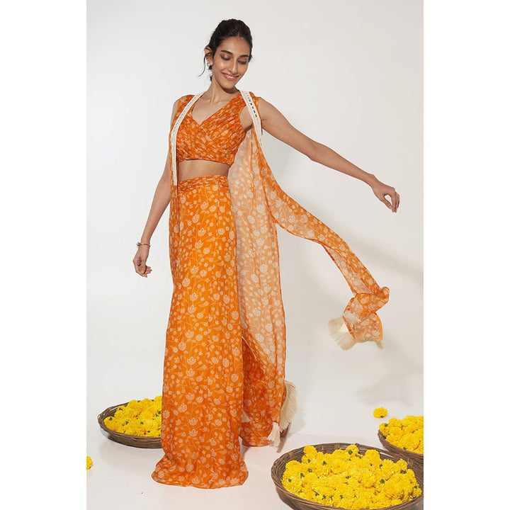 Essay by Sumedha Agrawal Orange & White Blouse with Palazzo and Cape (Set of 3)