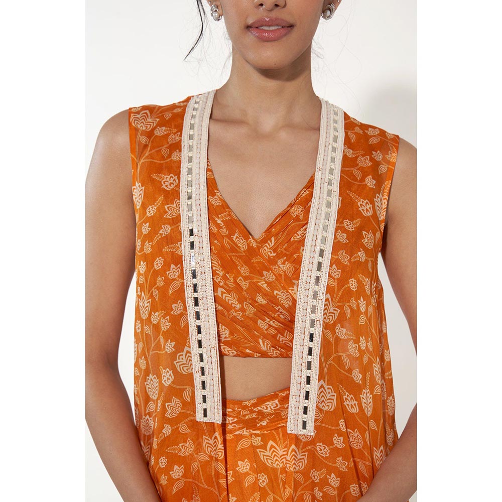 Essay by Sumedha Agrawal Orange & White Blouse with Palazzo and Cape (Set of 3)