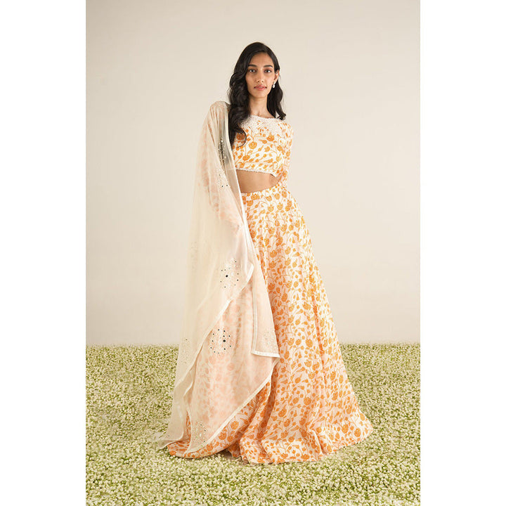 Essay by Sumedha Agrawal Ivory & Orange Lehenga with Blouse and Dupatta (Set of 3)