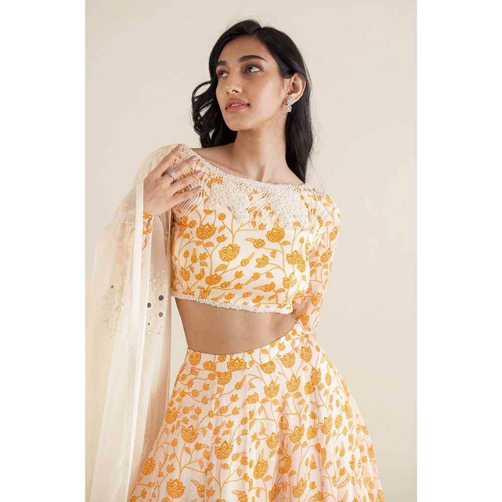 Essay by Sumedha Agrawal Ivory & Orange Lehenga with Blouse and Dupatta (Set of 3)