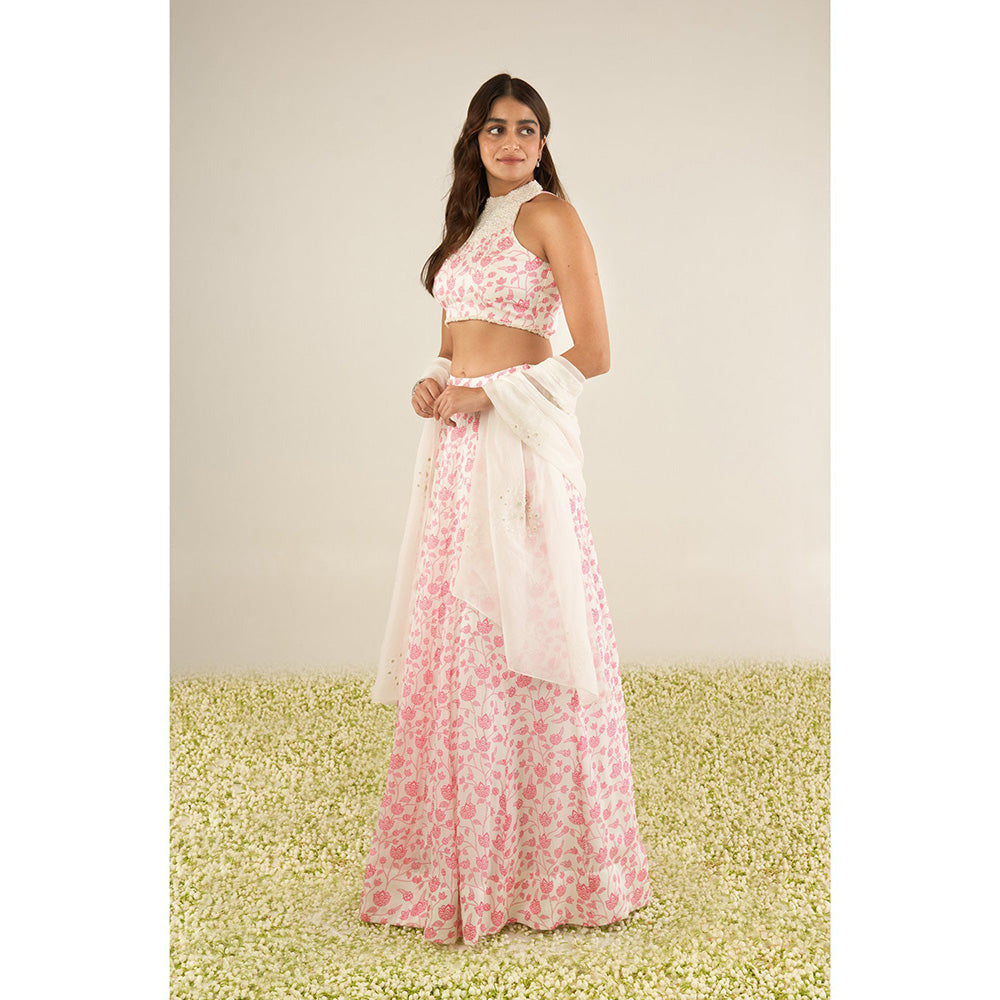 Essay by Sumedha Agrawal White & Pink Lehenga with Blouse and Dupatta (Set of 3)