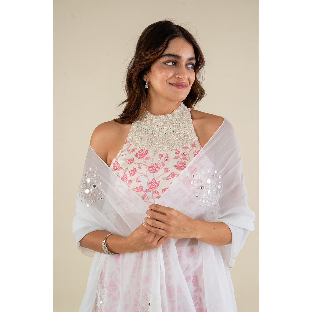 Essay by Sumedha Agrawal White & Pink Lehenga with Blouse and Dupatta (Set of 3)