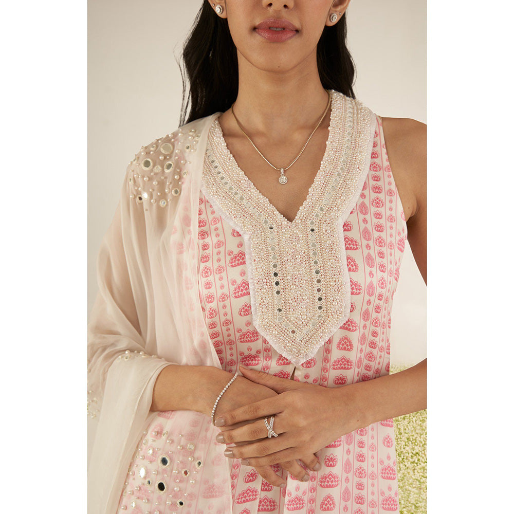 Essay by Sumedha Agrawal White & Pink Floral Kurta with Palazzo and Dupatta (Set of 3)