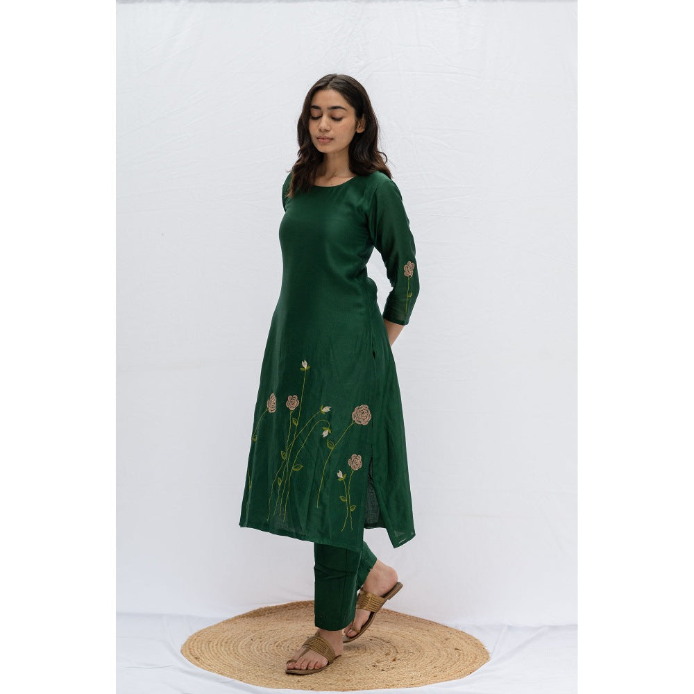 Etar Green Rose Kurta with Pants (Set of 2)