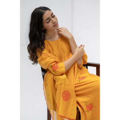 Etar Mustard Rose Kurta with Pants and Dupatta (Set of 3)