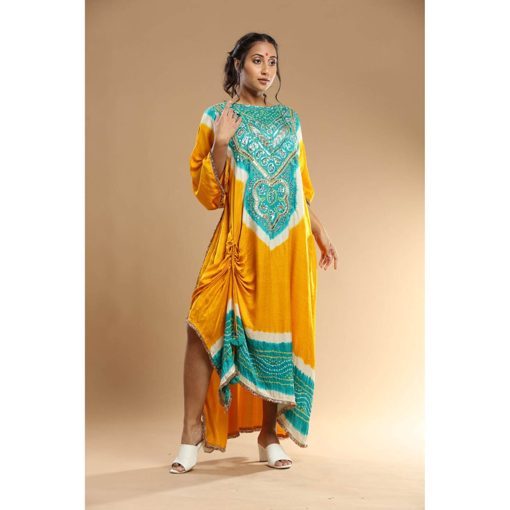 Etasha by Asha Jain Yellow Bandani Kaftan Dress