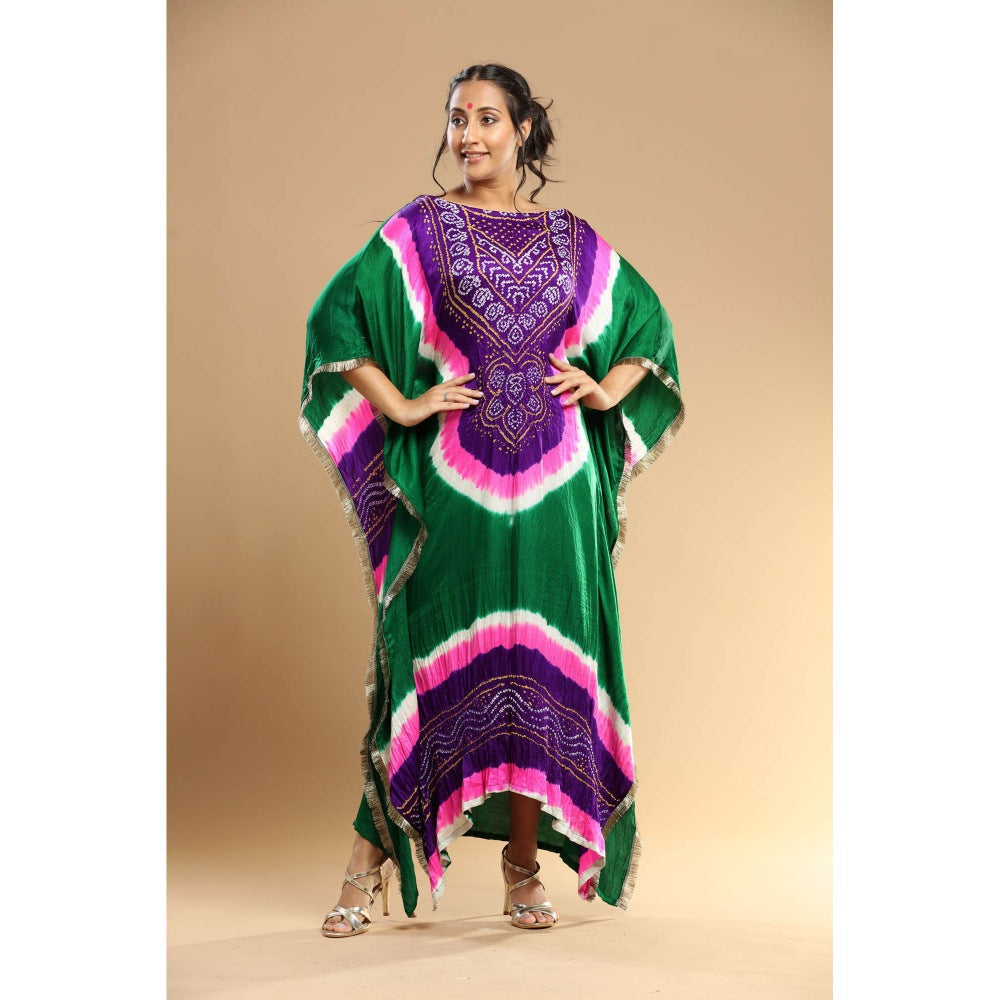 Etasha by Asha Jain Green Bandani Kaftan Dress