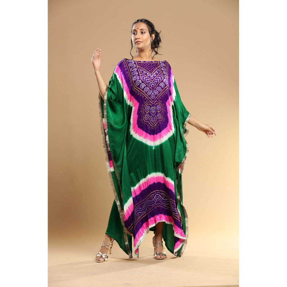 Etasha by Asha Jain Green Bandani Kaftan Dress