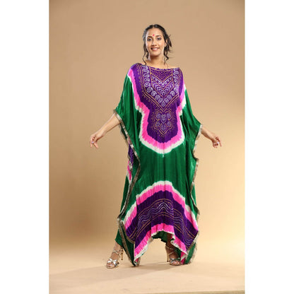 Etasha by Asha Jain Green Bandani Kaftan Dress