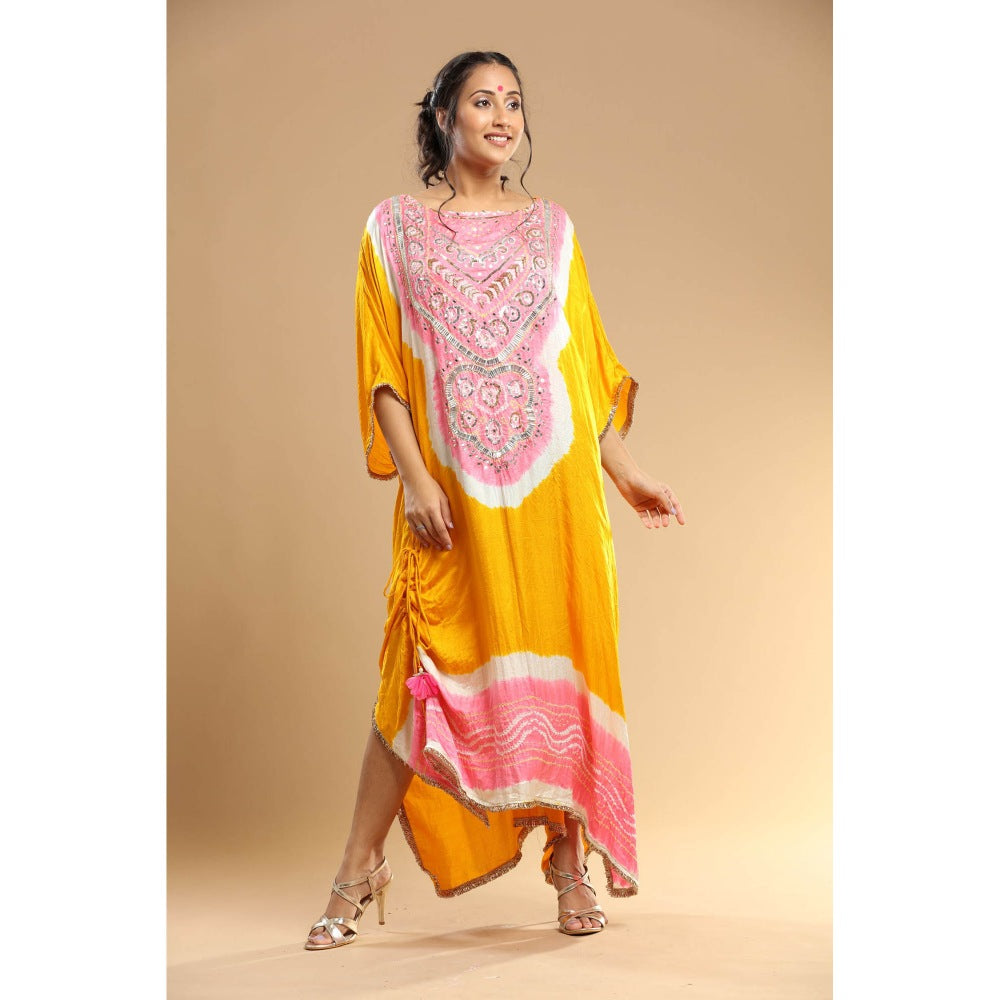 Etasha by Asha Jain Yellow Bandani Kaftan Dress
