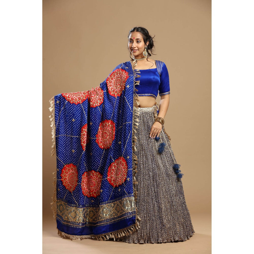 Etasha by Asha Jain Blue Bandani Dupatta with Textured Lehenga and Blouse (Set of 3)