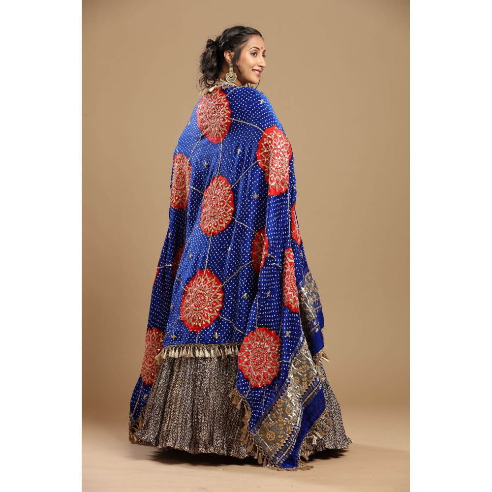 Etasha by Asha Jain Blue Bandani Dupatta with Textured Lehenga and Blouse (Set of 3)