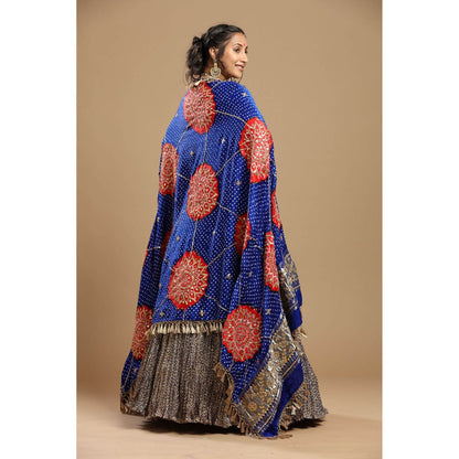 Etasha by Asha Jain Blue Bandani Dupatta with Textured Lehenga and Blouse (Set of 3)
