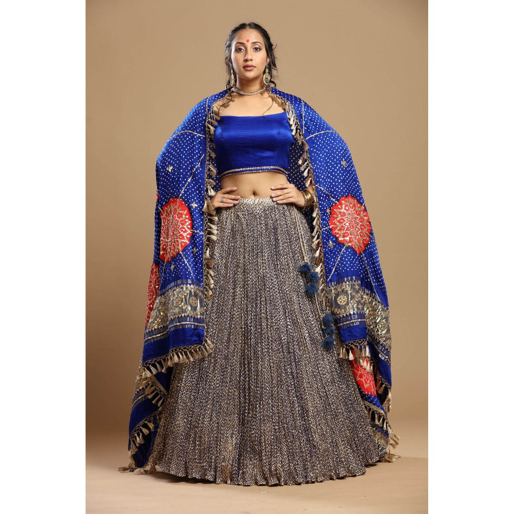 Etasha by Asha Jain Blue Bandani Dupatta with Textured Lehenga and Blouse (Set of 3)