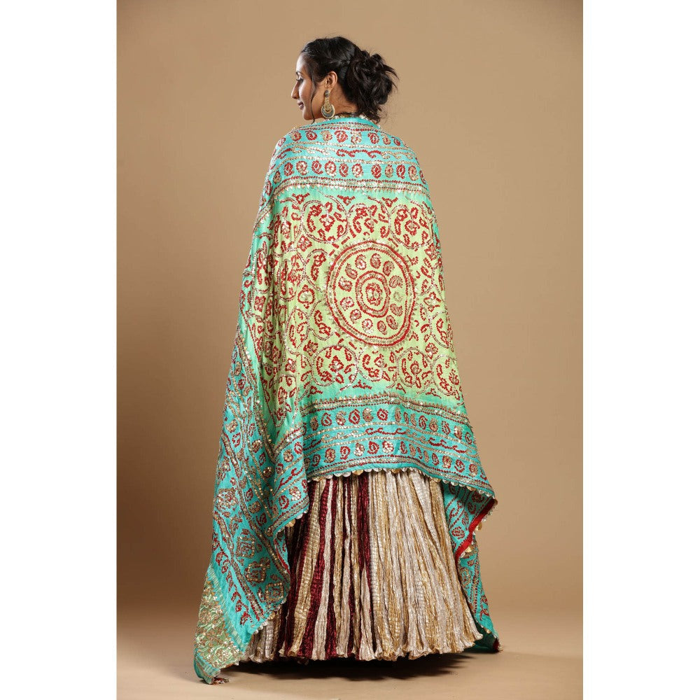 Etasha by Asha Jain Beige Dupatta with Textured Lehenga and Blouse (Set of 3)