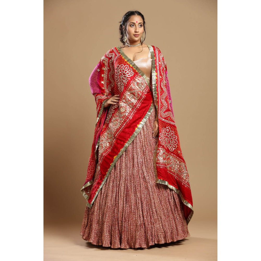 Etasha by Asha Jain Pink Bandani Dupatta with Textured Lehenga and Blouse (Set of 3)