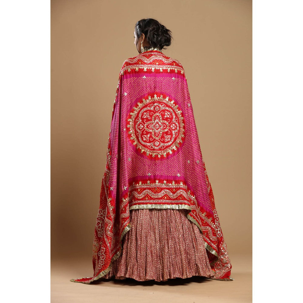 Etasha by Asha Jain Pink Bandani Dupatta with Textured Lehenga and Blouse (Set of 3)